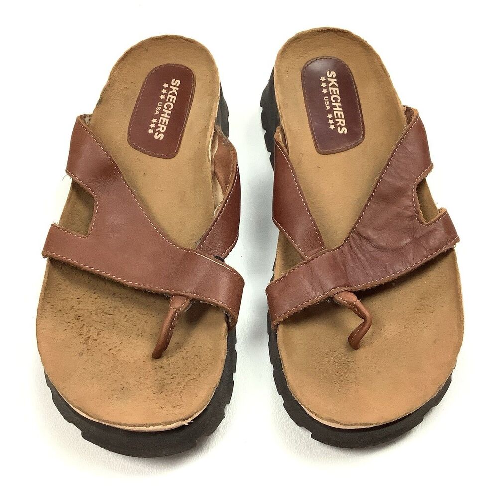 Vintage Y2K Skechers Sandals Chunky Platform Flip Flop Brown Leather Women 10
